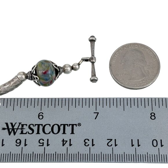 Textured Curve Tube Green Glass Bead Toggle Bracelet | Sterling Silver | 7" - Picture 7 of 7